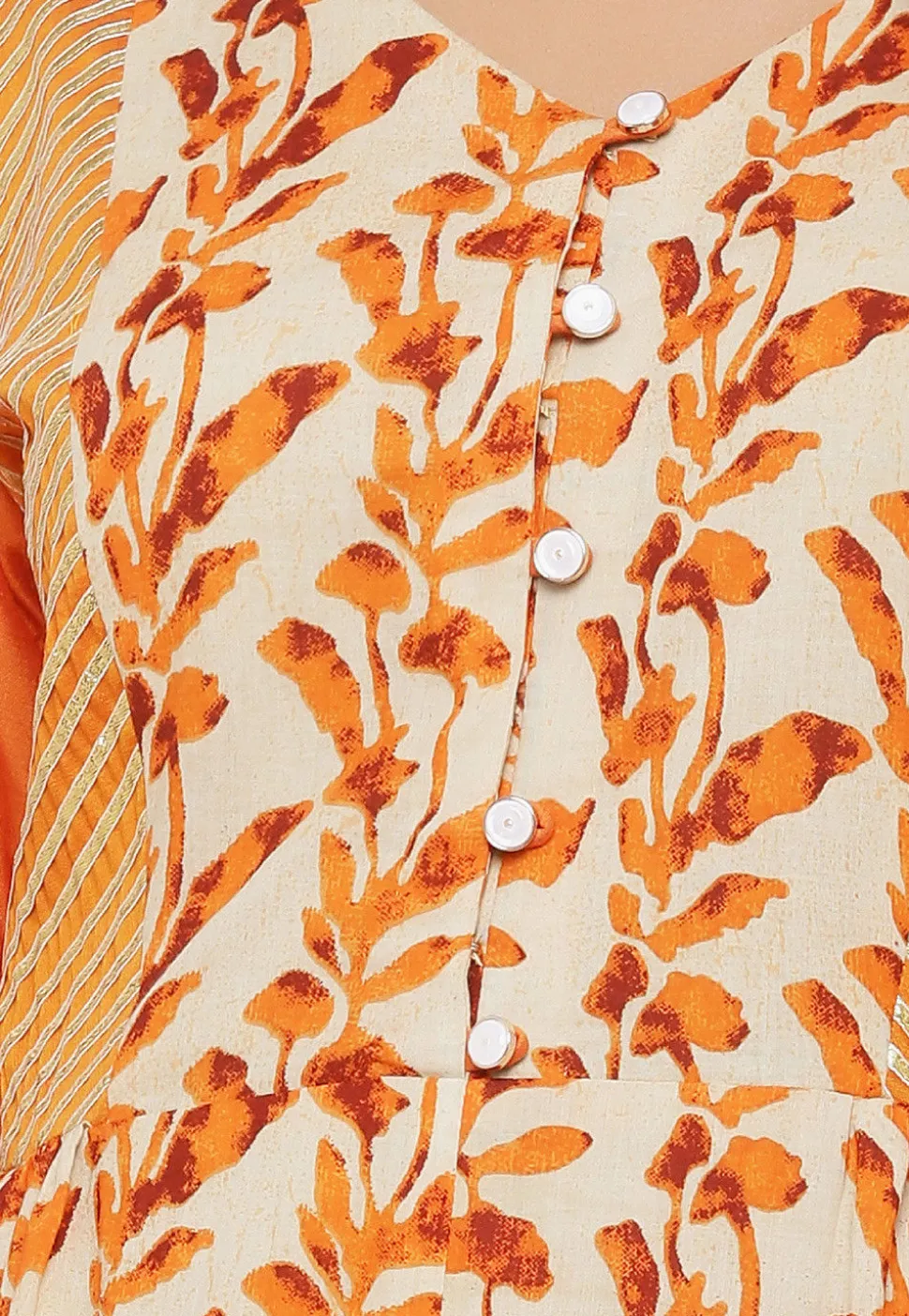 Batik Printed Cotton A Line Suit in Beige and Orange
