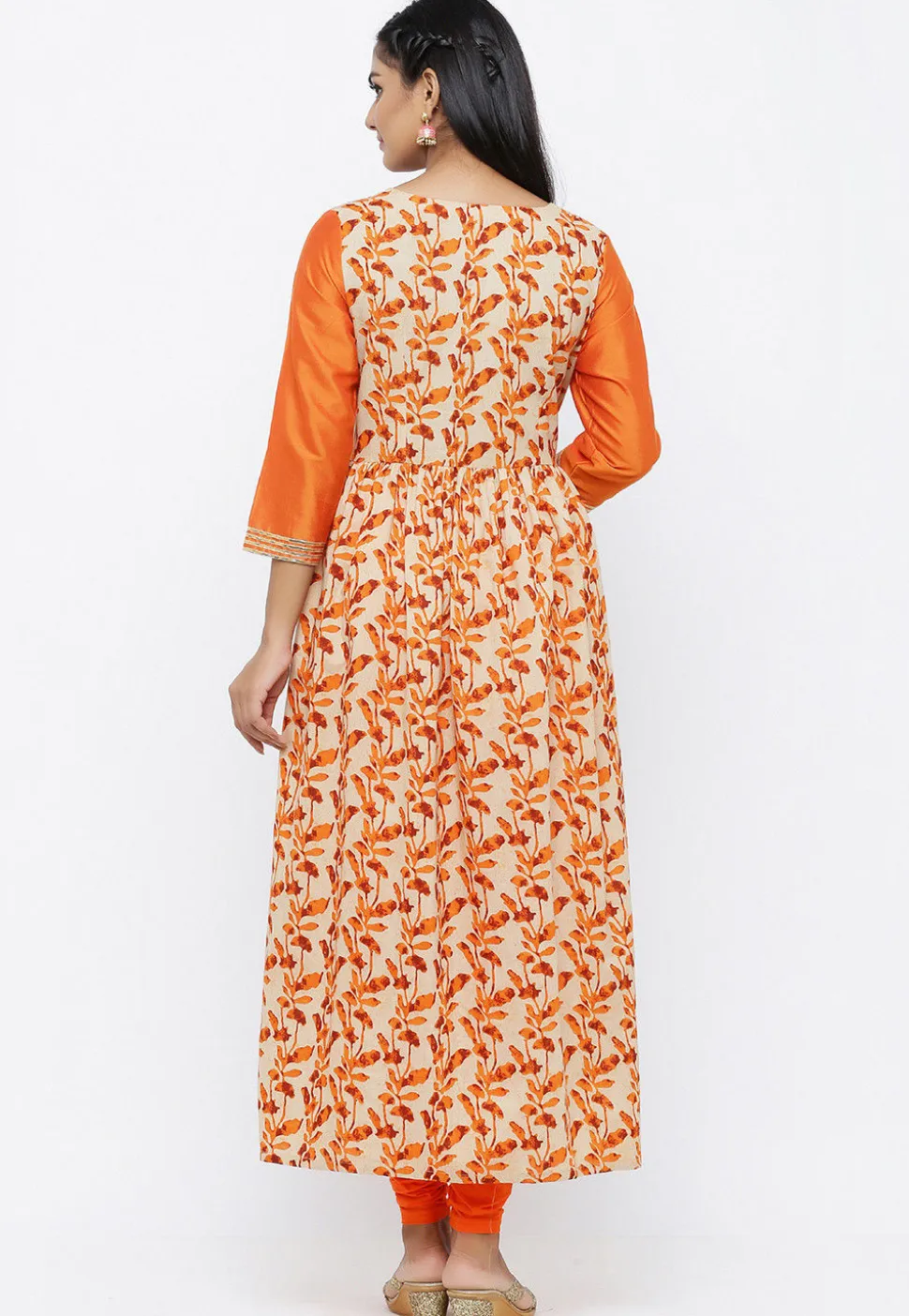 Batik Printed Cotton A Line Suit in Beige and Orange