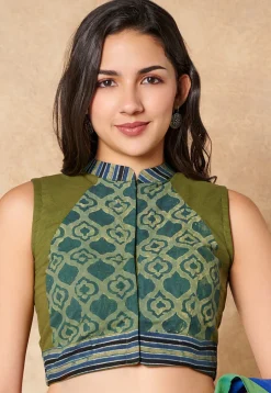 Batik Printed Cotton Blouse in Olive Green