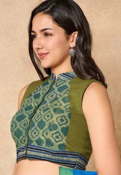 Batik Printed Cotton Blouse in Olive Green