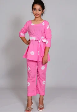 Batik Printed Cotton Long Tied Up Top Set in Light Pink