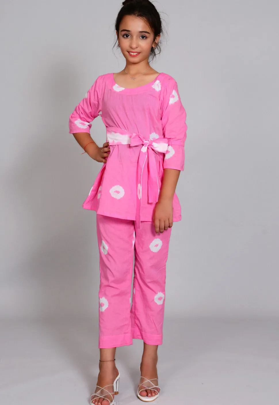 Batik Printed Cotton Long Tied Up Top Set in Light Pink