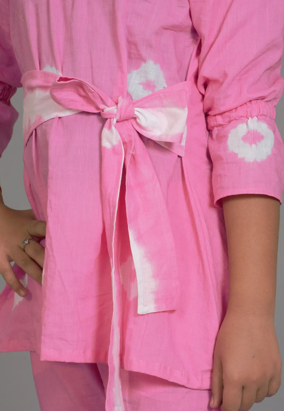 Batik Printed Cotton Long Tied Up Top Set in Light Pink