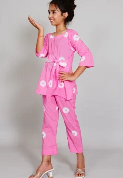 Batik Printed Cotton Long Tied Up Top Set in Light Pink