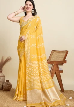 Batik Printed Cotton Saree in Yellow