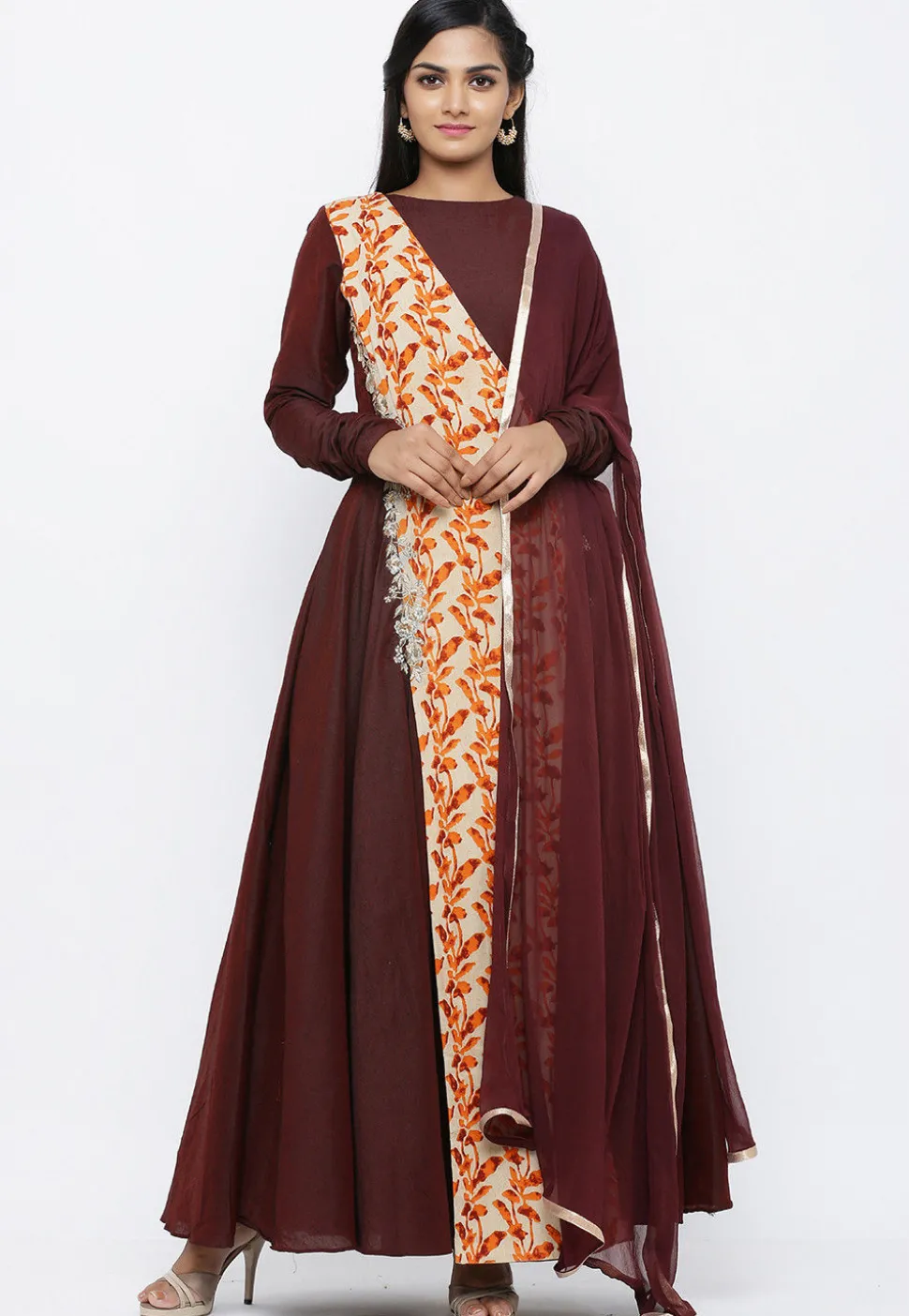 Batik Printed Cotton Silk Abaya Style Suit in Maroon