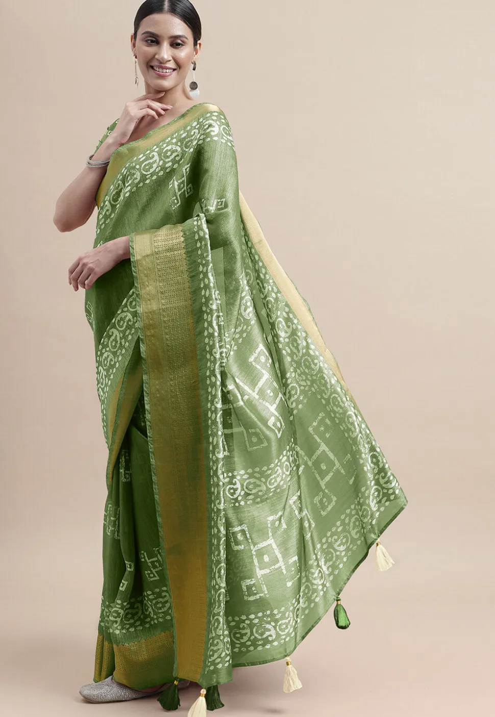 Batik Printed Cotton Silk Saree in Light Green
