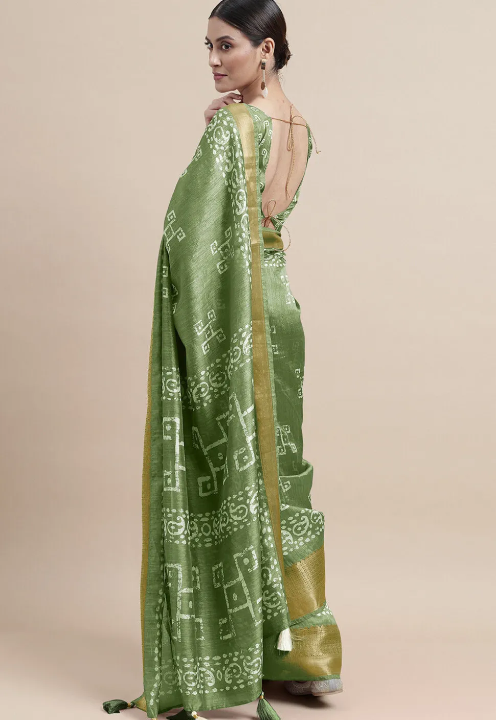 Batik Printed Cotton Silk Saree in Light Green