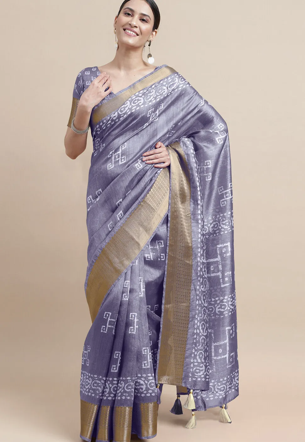Batik Printed Cotton Silk Saree in Purple