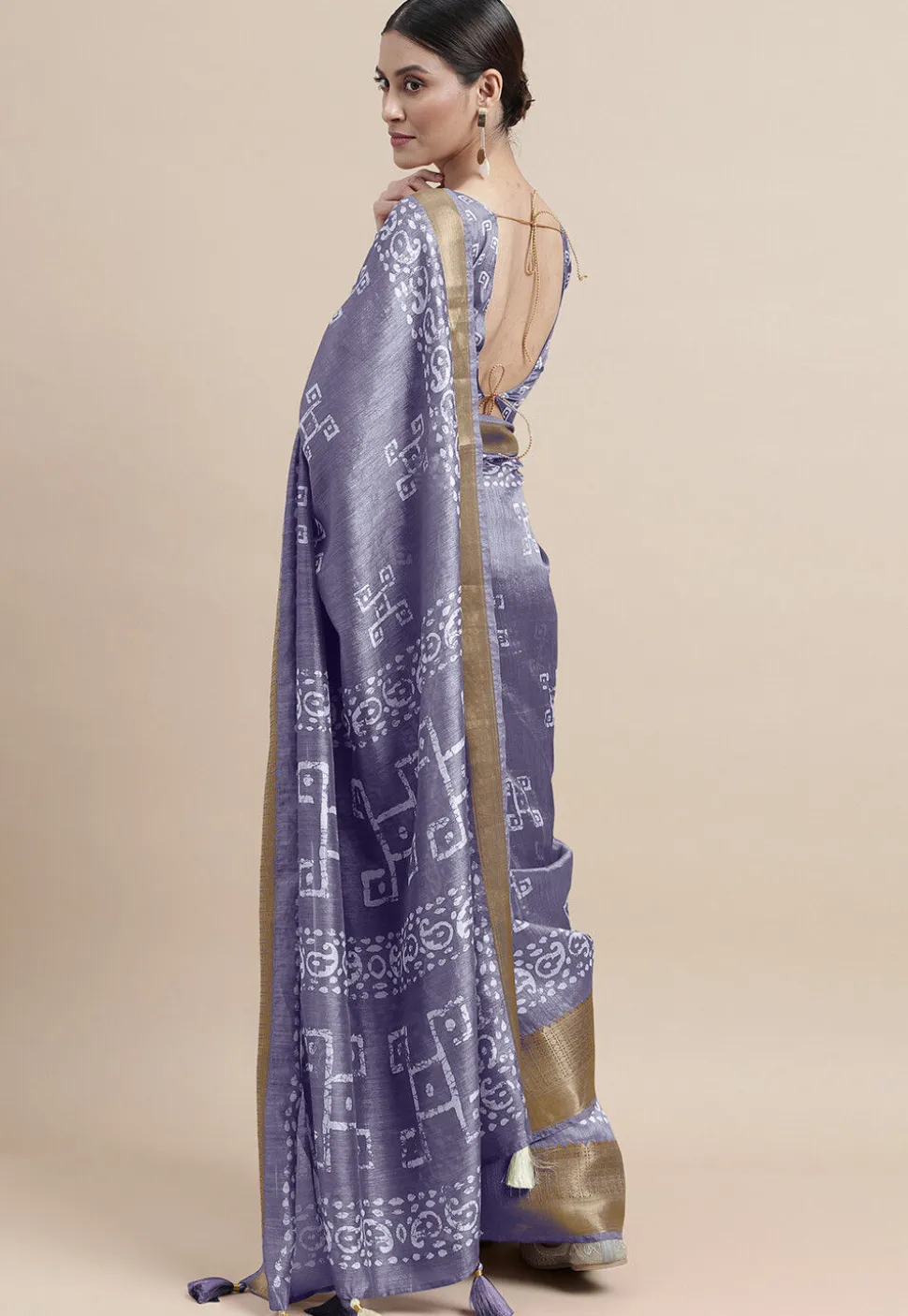 Batik Printed Cotton Silk Saree in Purple