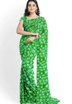 Batik Printed Georgette Saree in Green