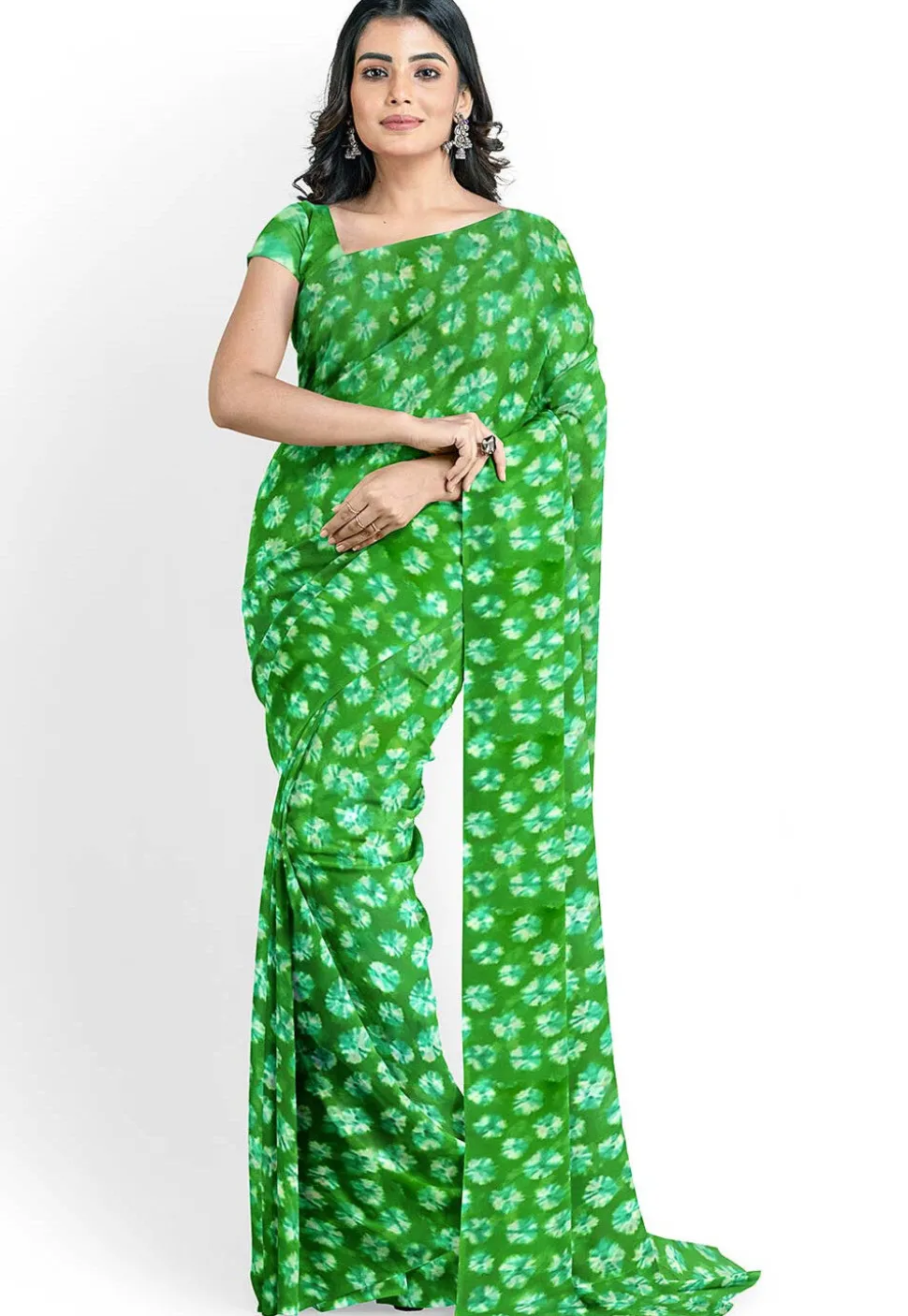 Batik Printed Georgette Saree in Green
