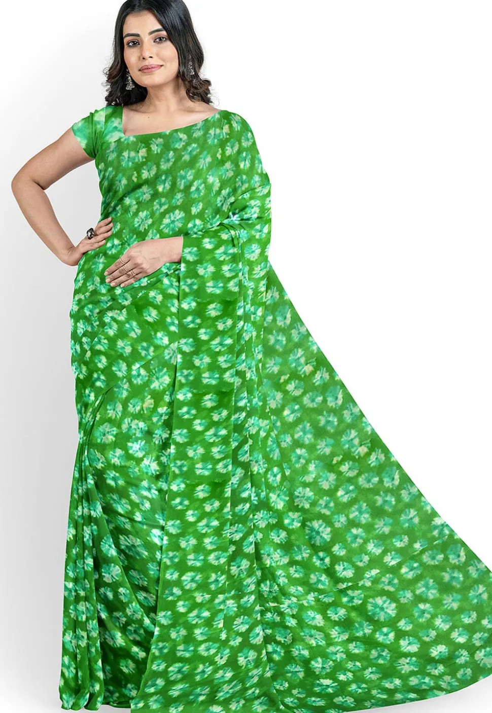 Batik Printed Georgette Saree in Green