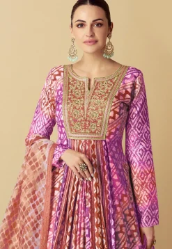 Batik Printed Muslin Silk Abaya Style Suit in Purple