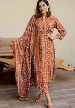 Batik Printed Pure Cotton Pakistani Suit in Rust