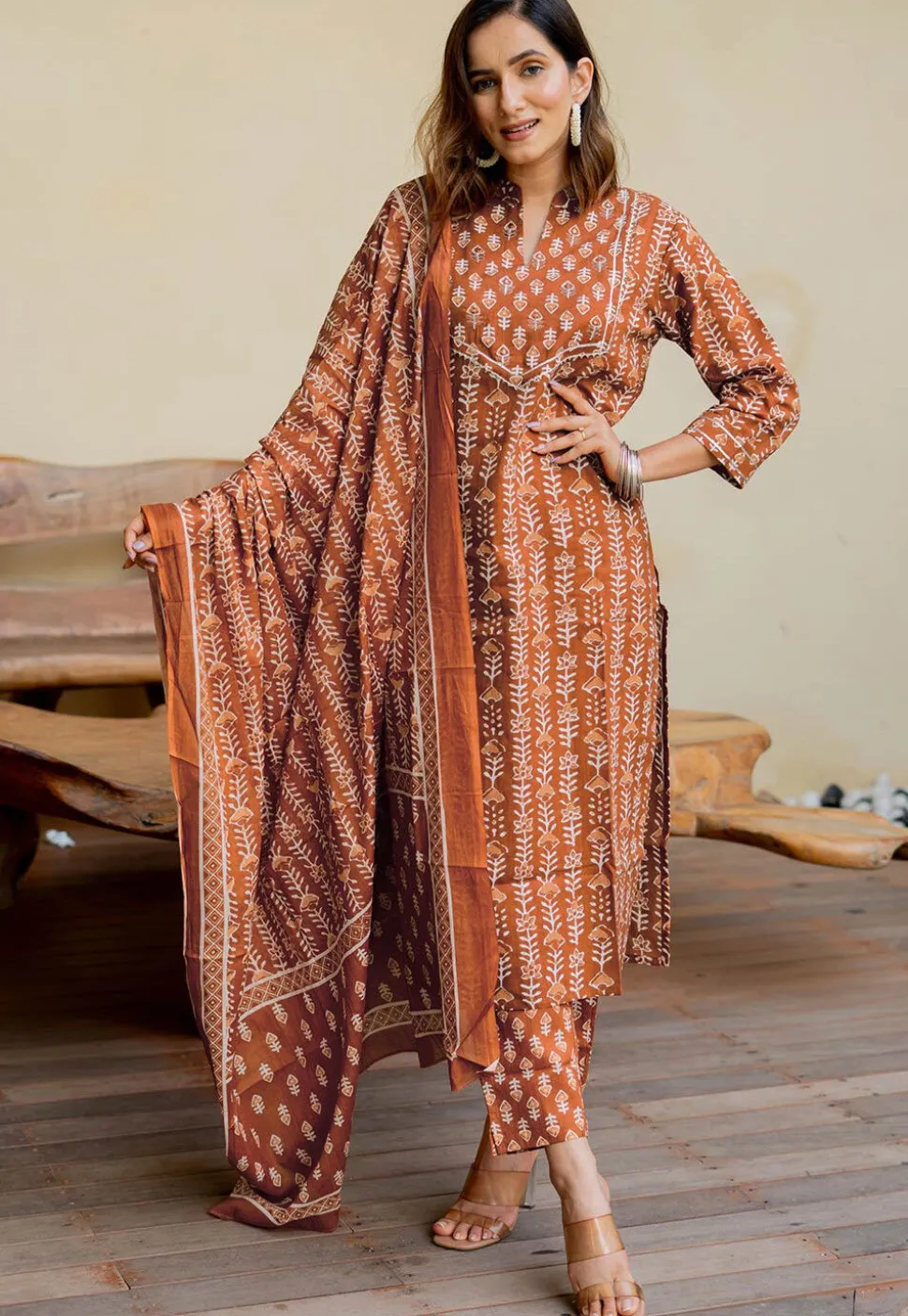 Batik Printed Pure Cotton Pakistani Suit in Rust