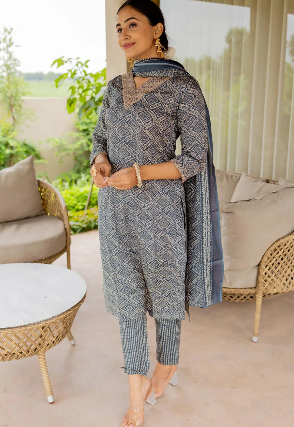 Batik Printed Pure Cotton Pakistani Suit in Blue