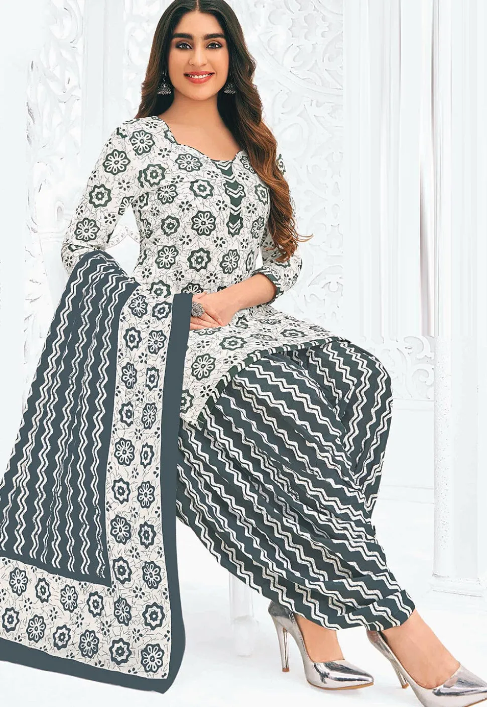 Batik Printed Pure Cotton Punjabi Suit in White