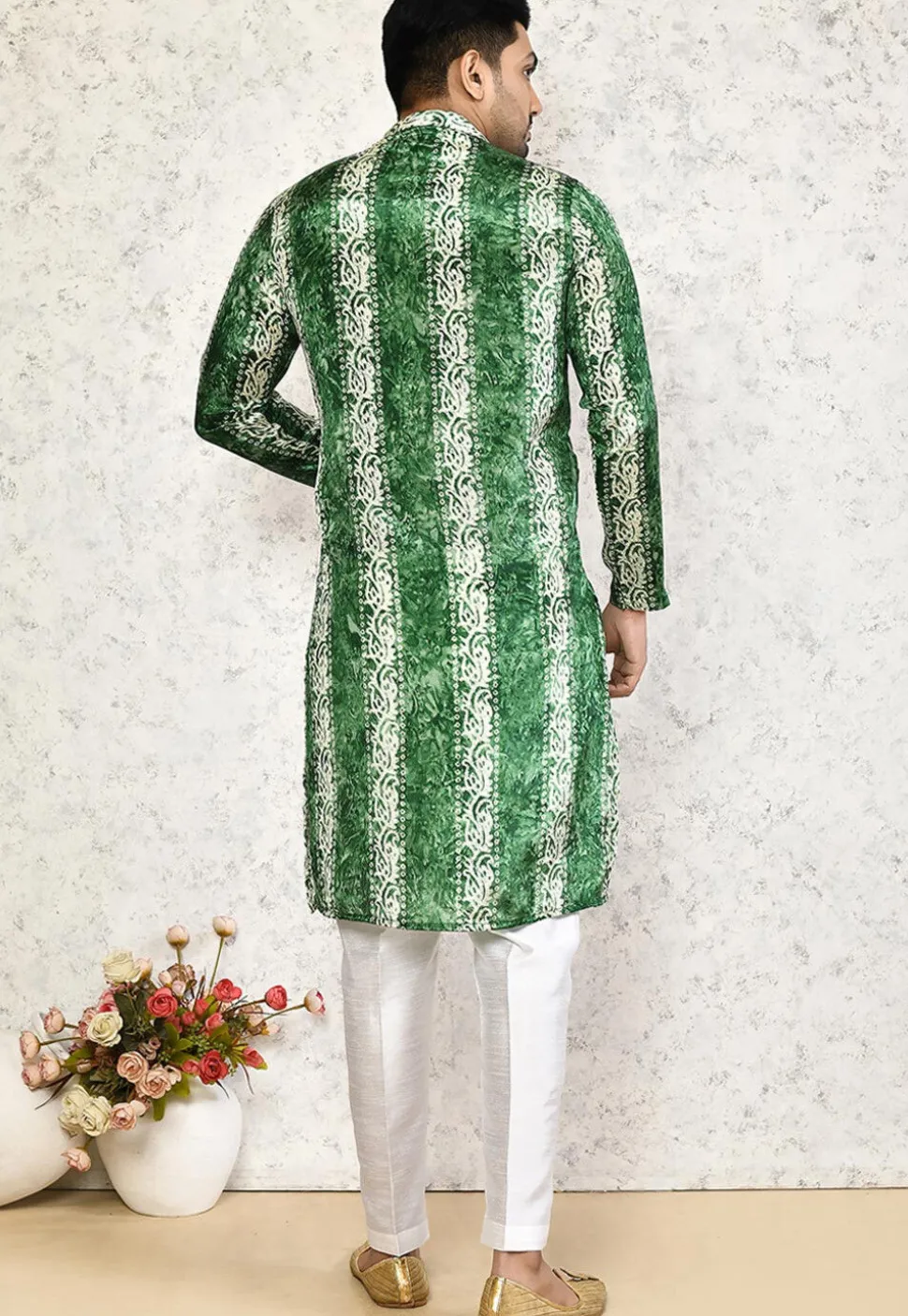 Batik Printed Satin Kurta Set in Green