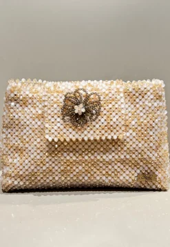 Beaded Art Silk Clutch Bag in Beige