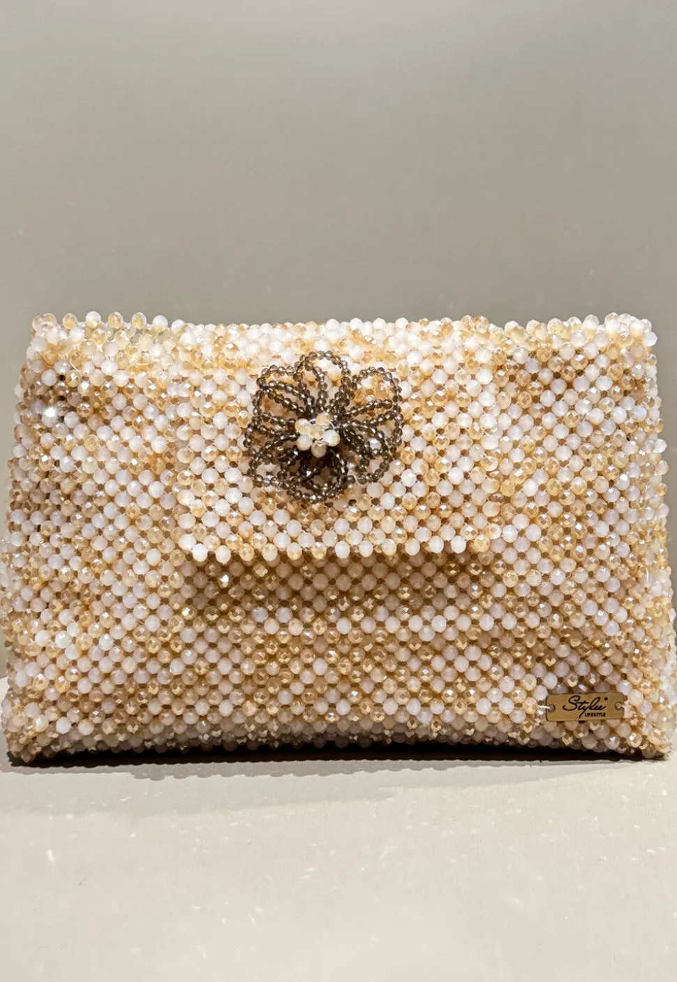 Beaded Art Silk Clutch Bag in Beige