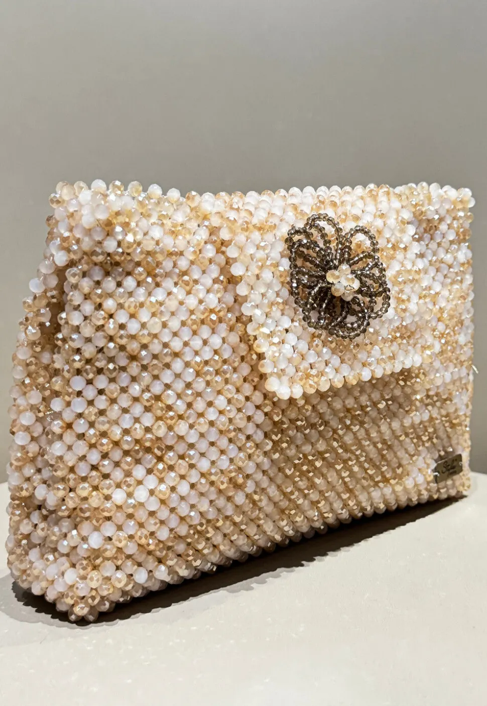 Beaded Art Silk Clutch Bag in Beige