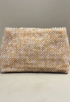 Beaded Art Silk Clutch Bag in Beige