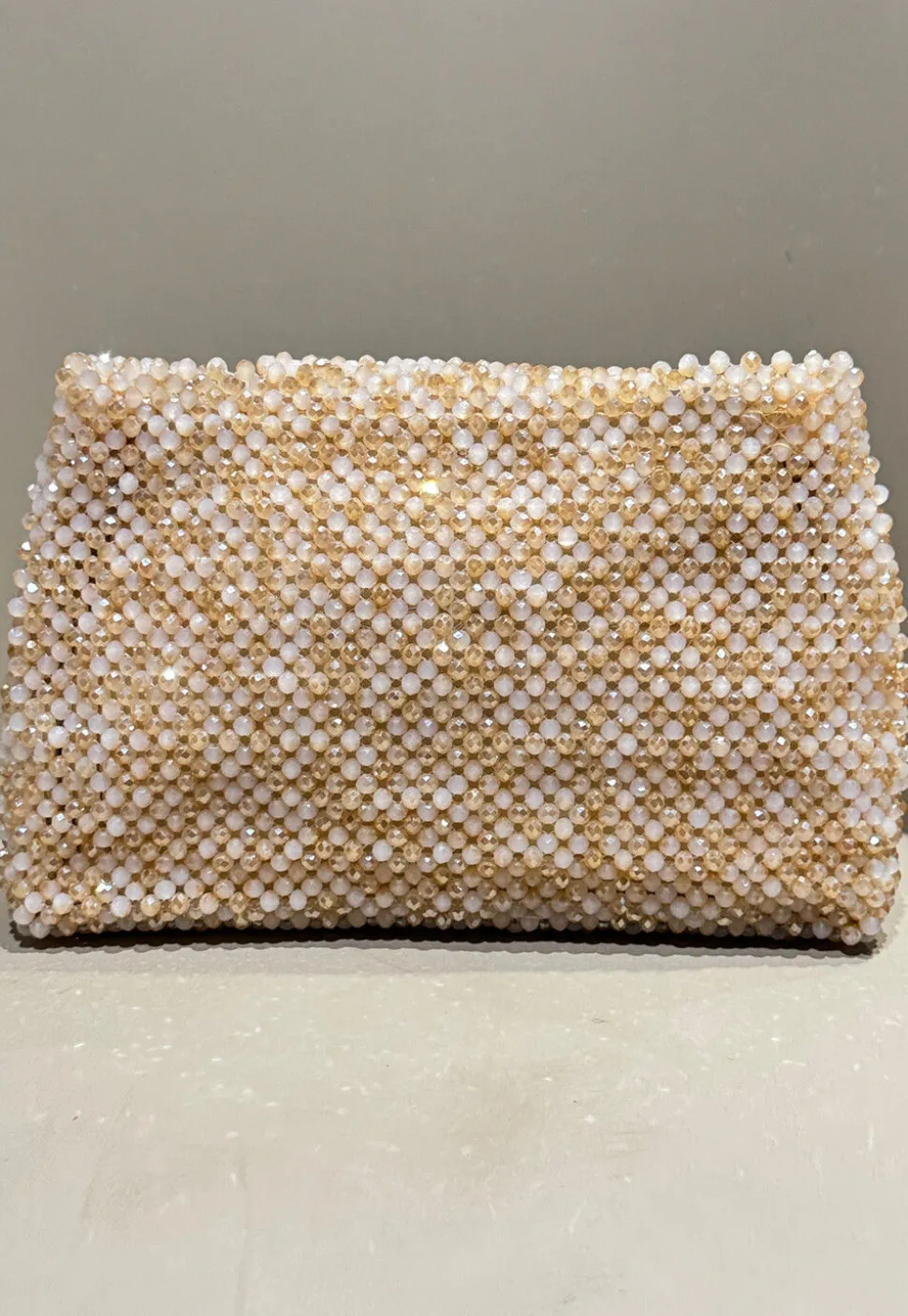 Beaded Art Silk Clutch Bag in Beige
