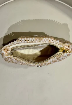 Beaded Art Silk Clutch Bag in Beige