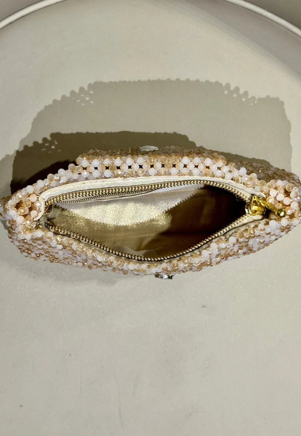 Beaded Art Silk Clutch Bag in Beige