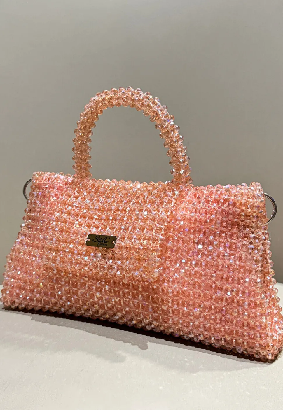 Beaded Art Silk Hand Bag in Peach