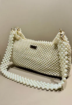 Beaded Art Silk Hand Bag in Off White