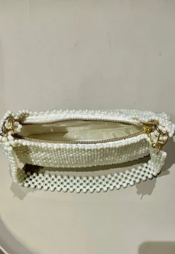 Beaded Art Silk Hand Bag in Off White
