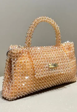 Beaded Art Silk Hand Bag in Peach
