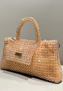 Beaded Art Silk Hand Bag in Peach