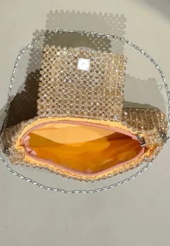 Beaded Art Silk Hand Bag in Peach
