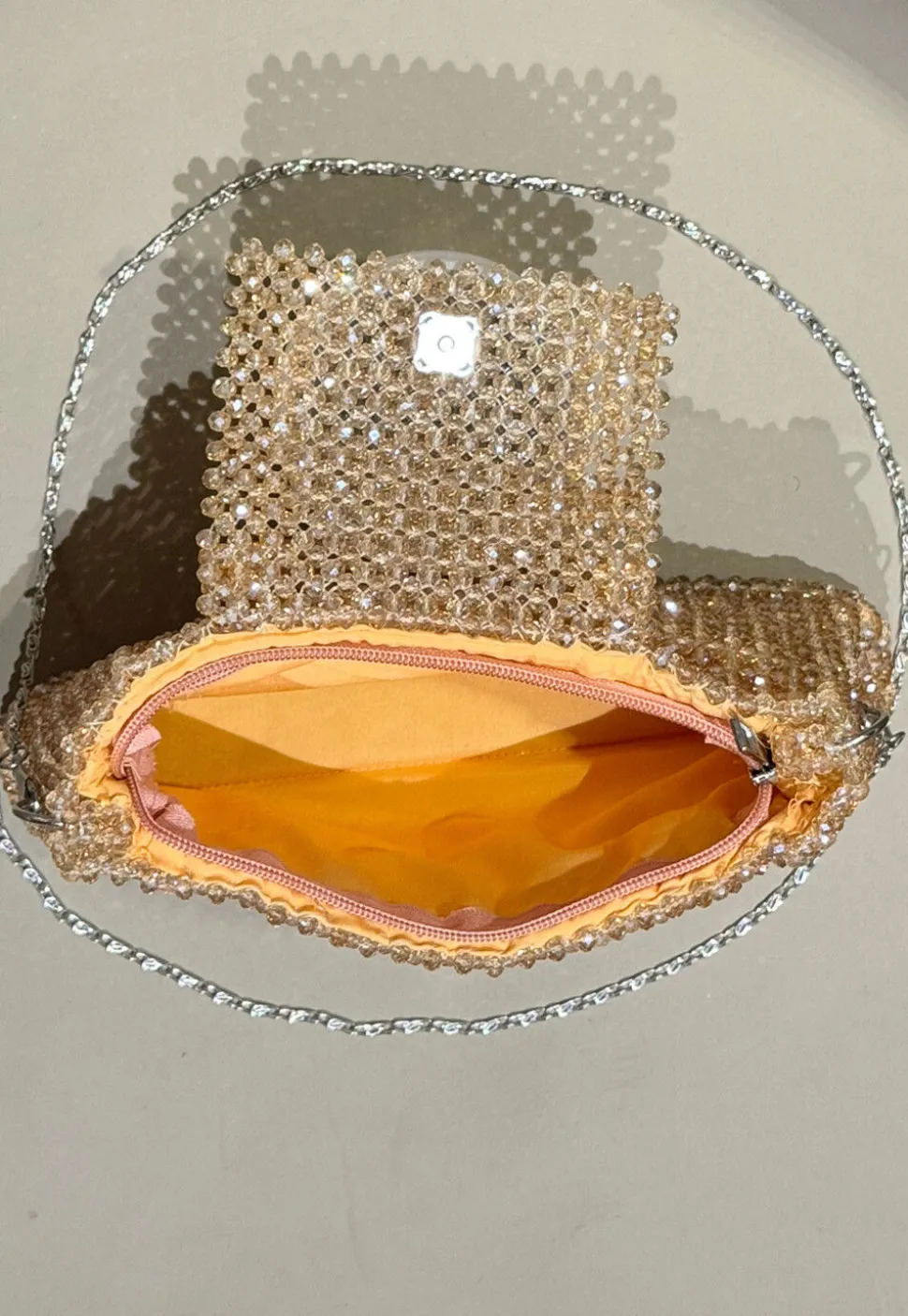 Beaded Art Silk Hand Bag in Peach