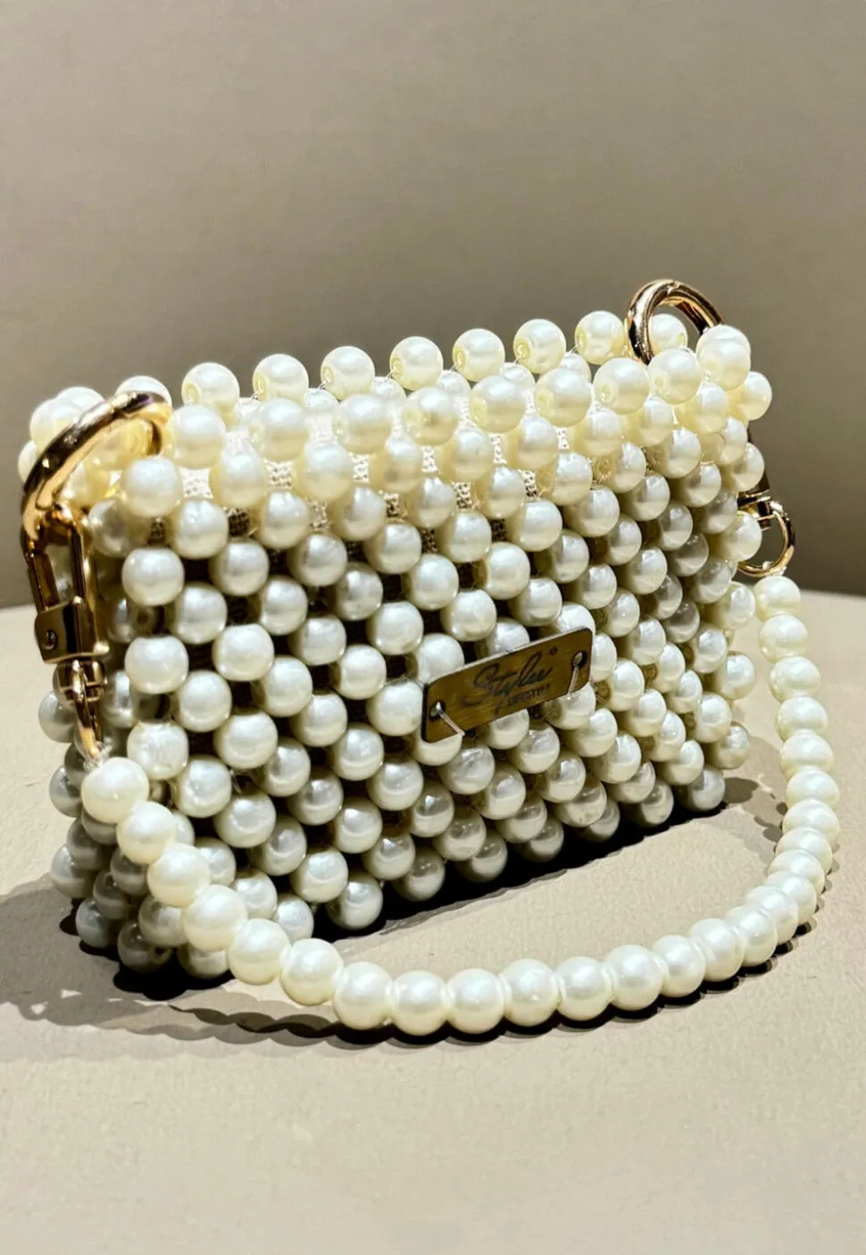 Beaded Art Silk Hand Bag in Off White