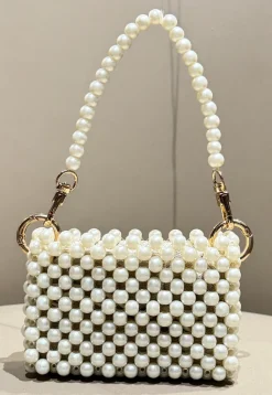Beaded Art Silk Hand Bag in Off White