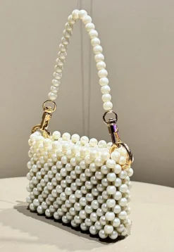 Beaded Art Silk Hand Bag in Off White