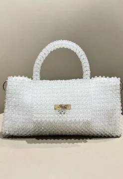 Beaded Art Silk Hand Bag in Off White