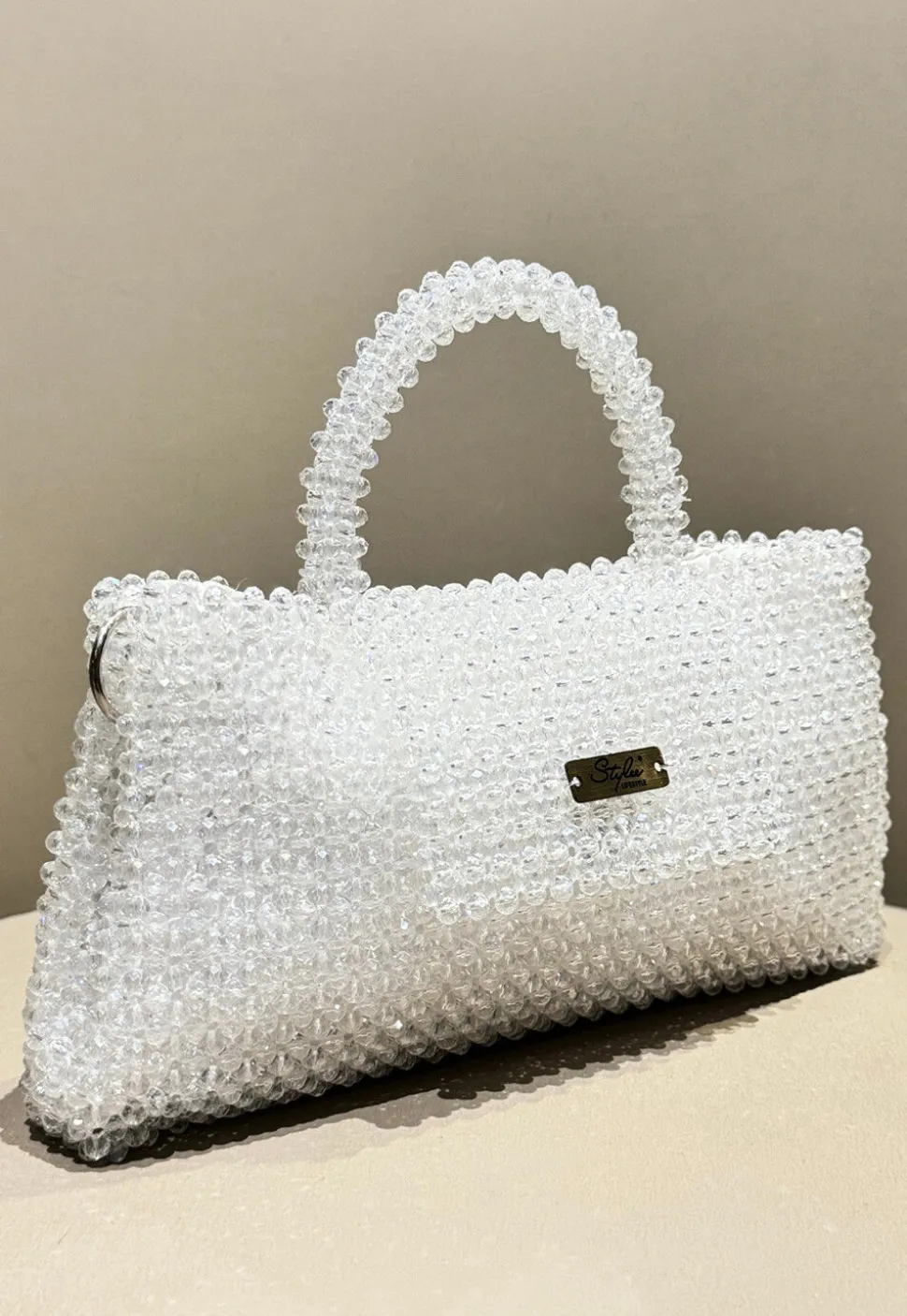 Beaded Art Silk Hand Bag in Off White