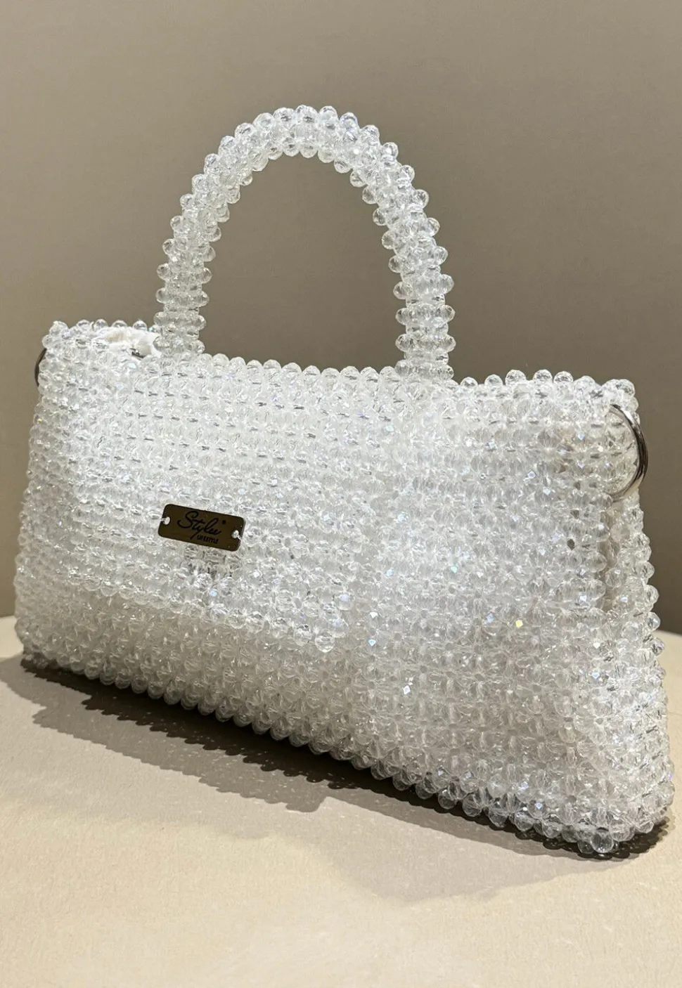 Beaded Art Silk Hand Bag in Off White