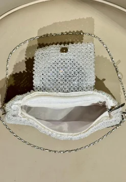 Beaded Art Silk Hand Bag in Off White