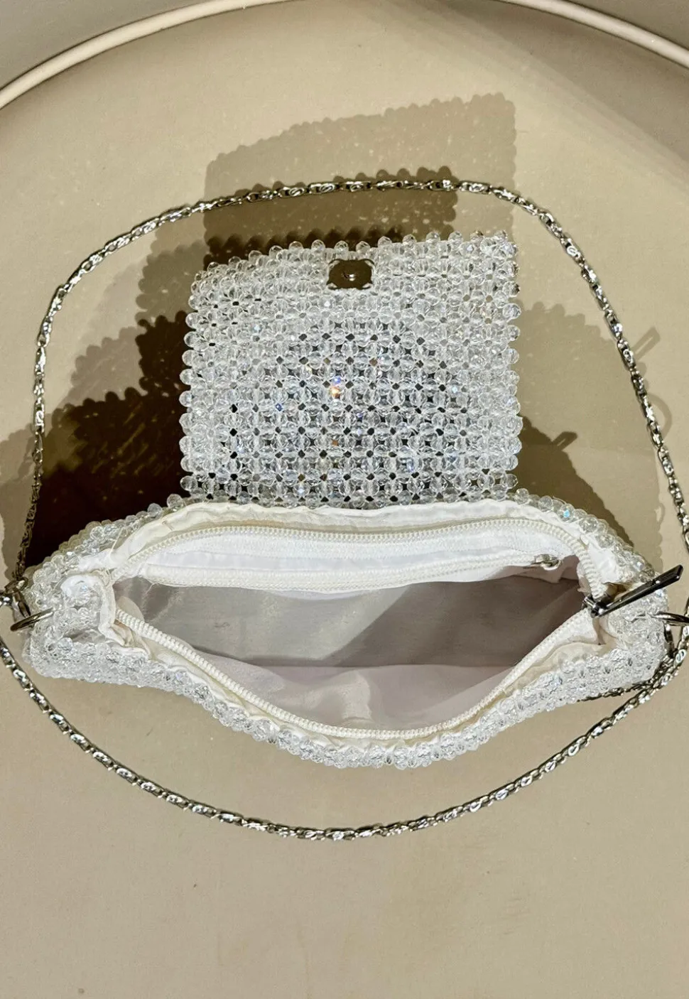 Beaded Art Silk Hand Bag in Off White