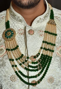 Beaded Layered Kanthamala in Green and Off White