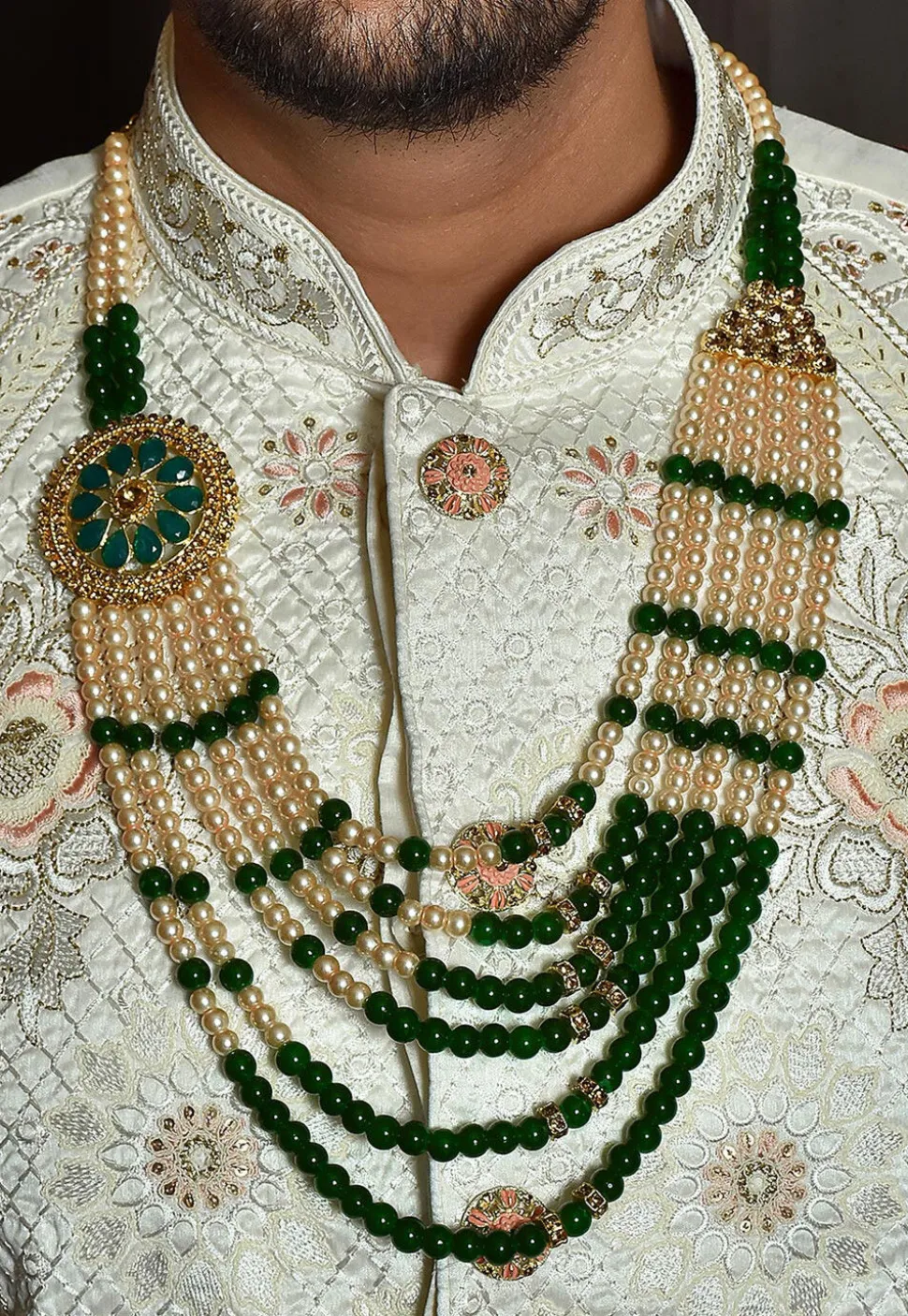 Beaded Layered Kanthamala in Green and Off White