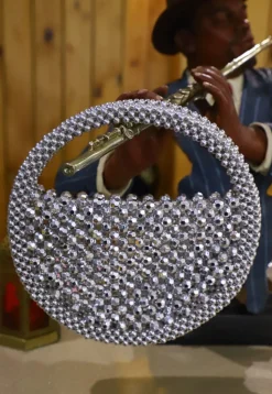 Beaded String Round Clutch Bag in Silver