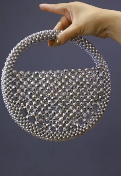 Beaded String Round Clutch Bag in Silver