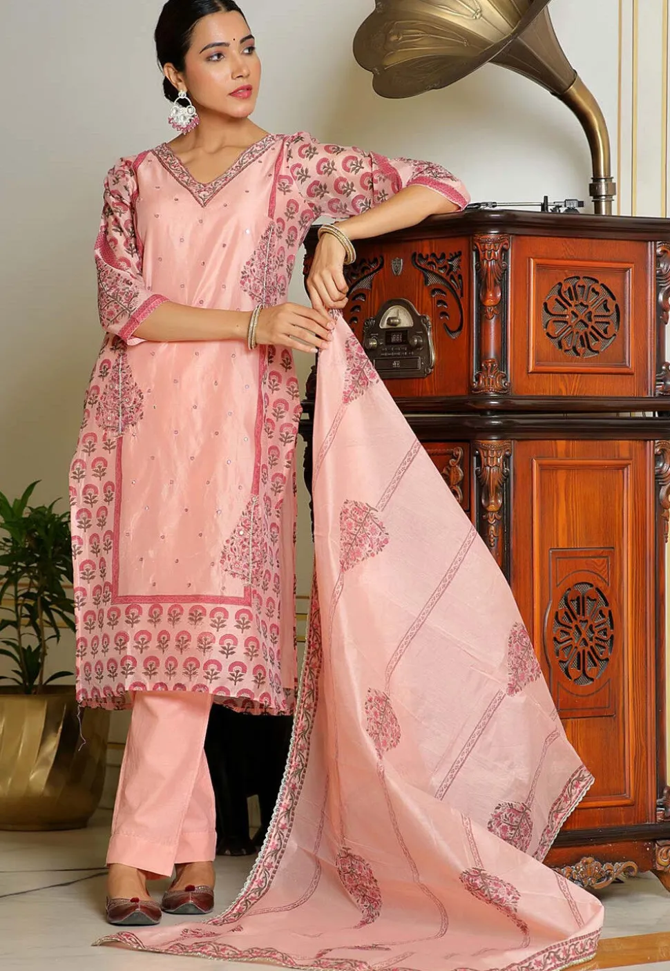 Block Printed Art Chanderi Silk Pakistani Suit in Peach